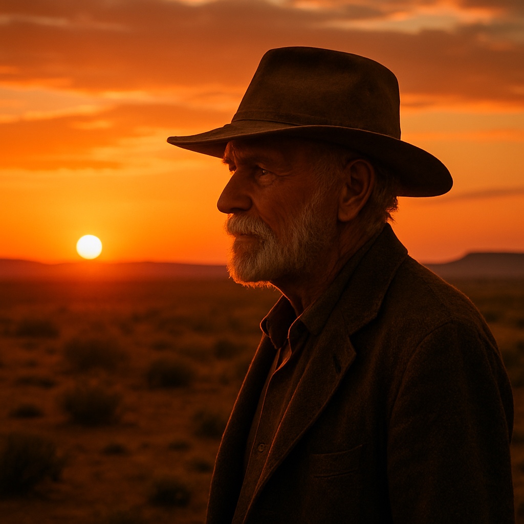 Elderly Man Against Sunset Horizon